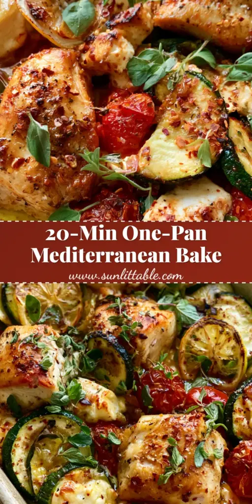Mediterranean Chicken Zucchini Bake with Blistered Tomatoes and Feta 4 An overhead view of a Mediterranean Chicken Zucchini Bake in a rustic stoneware dish with charred lemons and browned feta.