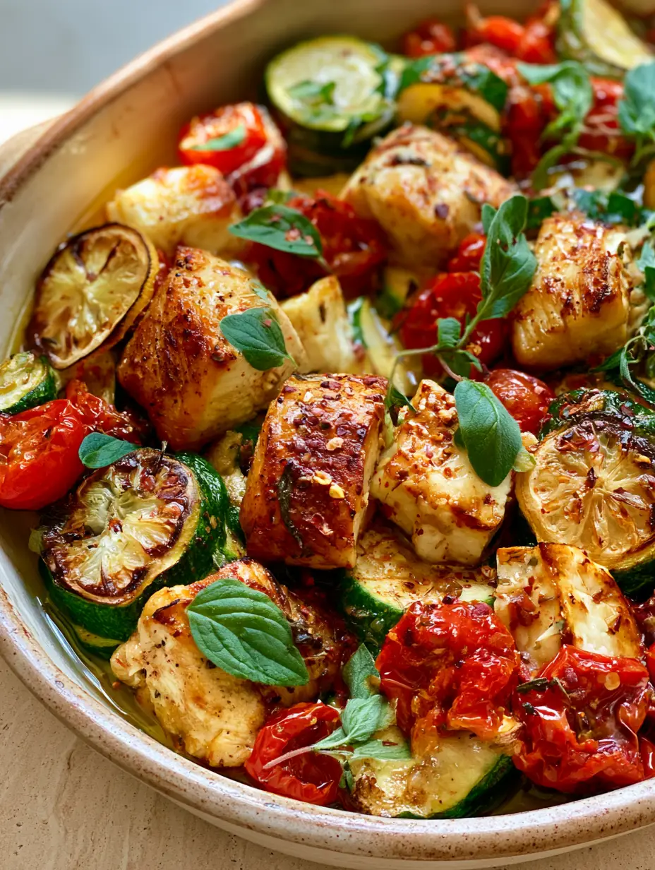 Mediterranean Chicken Zucchini Bake with Blistered Tomatoes and Feta 3 Close-up of seared golden-brown chicken and blistered red cherry tomatoes in a Mediterranean Chicken Zucchini Bake.