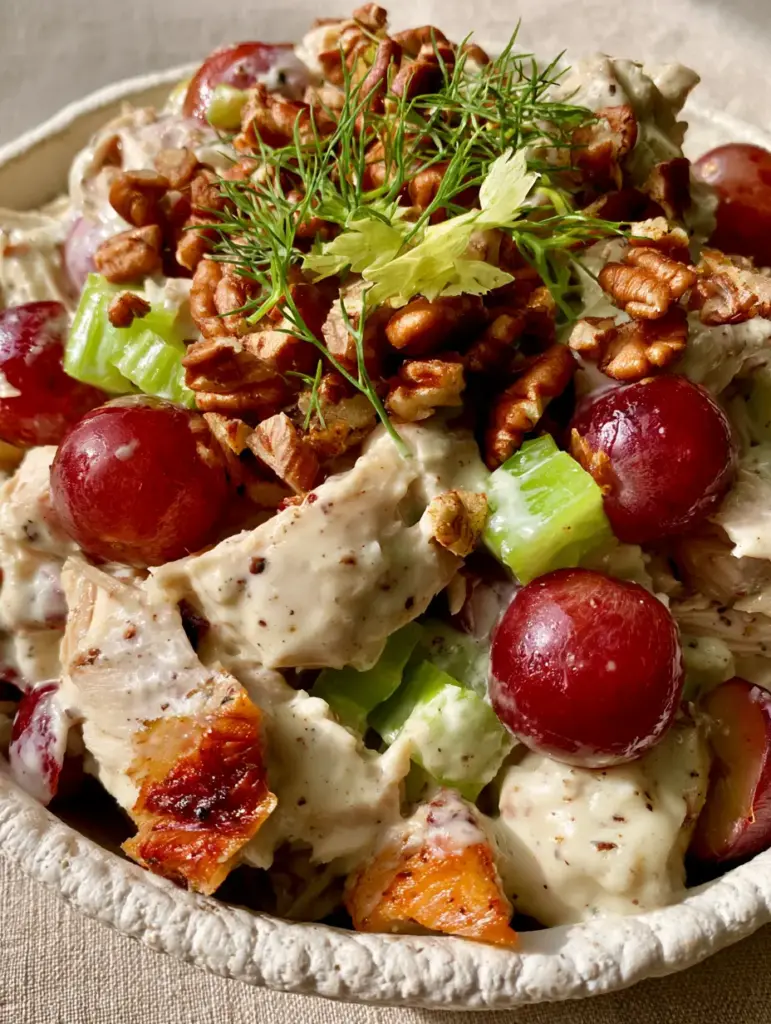 Cold Chicken Salad with Roasted Rotisserie Chicken and Grapes 1 Handheld photo of chicken salad showing golden roasted chicken skin and fresh dill garnish.