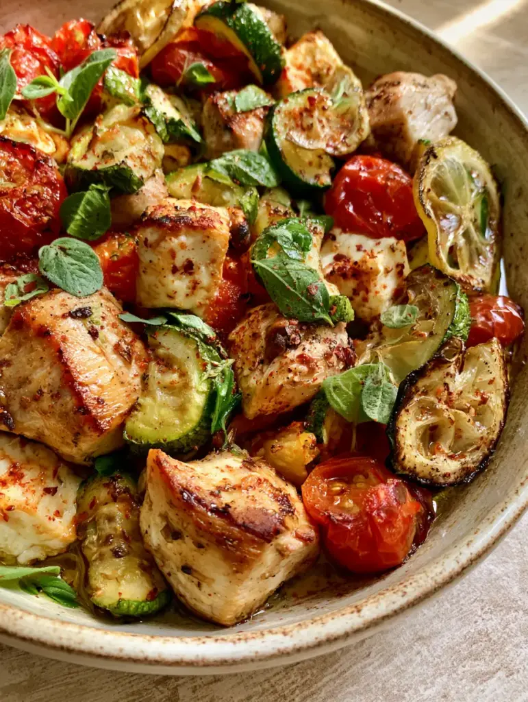 Mediterranean Chicken Zucchini Bake with Blistered Tomatoes and Feta 1 Rustic stoneware dish filled with roasted zucchini, charred lemons, and browned feta cubes.