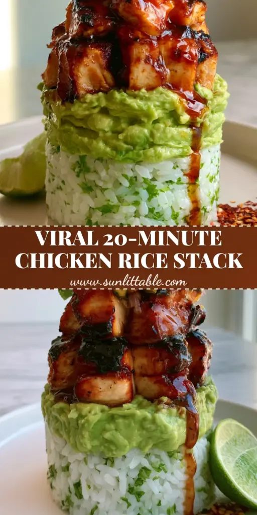 Honey Lime Chicken Avocado Rice Stack with Fresh Mango Salsa 3 A gourmet Honey Lime Chicken Avocado Rice Stack layered with mango salsa and chili flakes on a white plate.