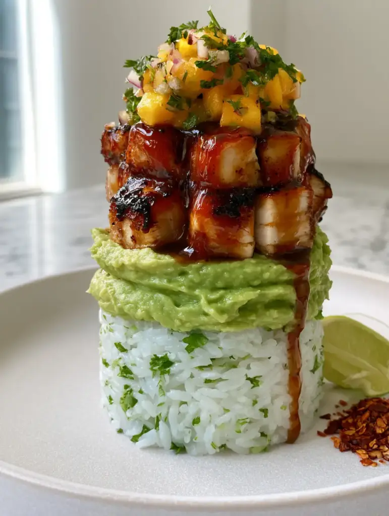 Honey Lime Chicken Avocado Rice Stack with Fresh Mango Salsa 2 Close-up of seared honey lime chicken pieces with glistening amber sauce and charred edges atop an avocado rice stack.