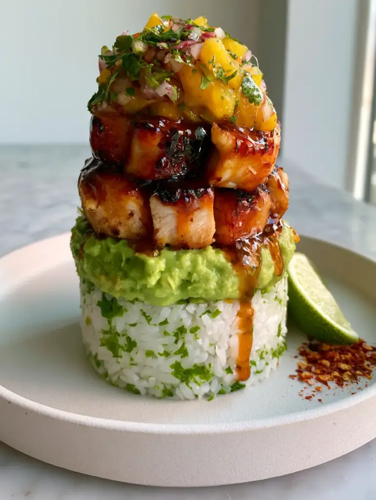 Honey Lime Chicken Avocado Rice Stack with Fresh Mango Salsa 1 Handheld smartphone photo of a vertical food stack with jasmine rice, mashed avocado, and seared chicken on marble.