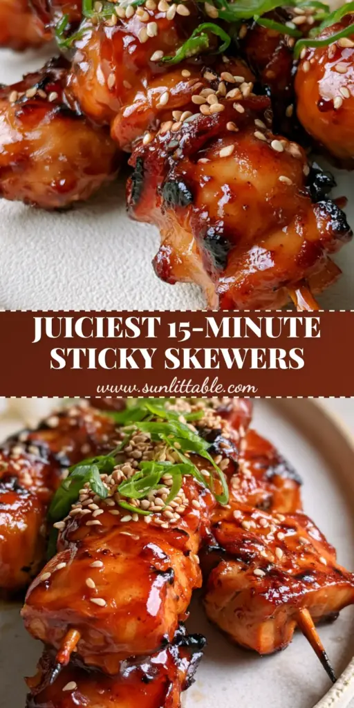 A close-up of three Teriyaki Chicken Skewers with thick bubbling mahogany glaze, sesame seeds, and green scallions on a stoneware plate with jasmine rice.