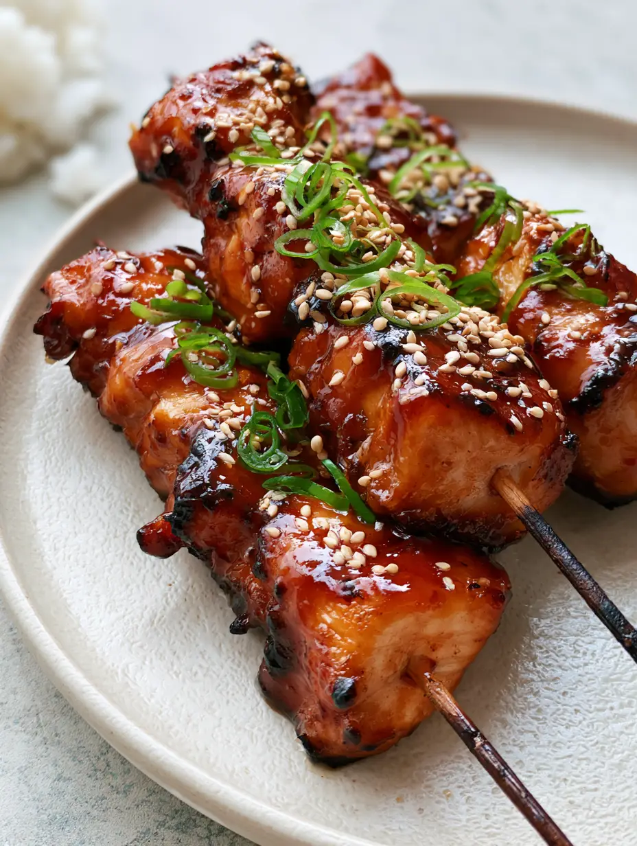 Extreme close-up of Teriyaki Chicken Skewers showing a translucent mahogany glaze drip and toasted sesame seeds.
