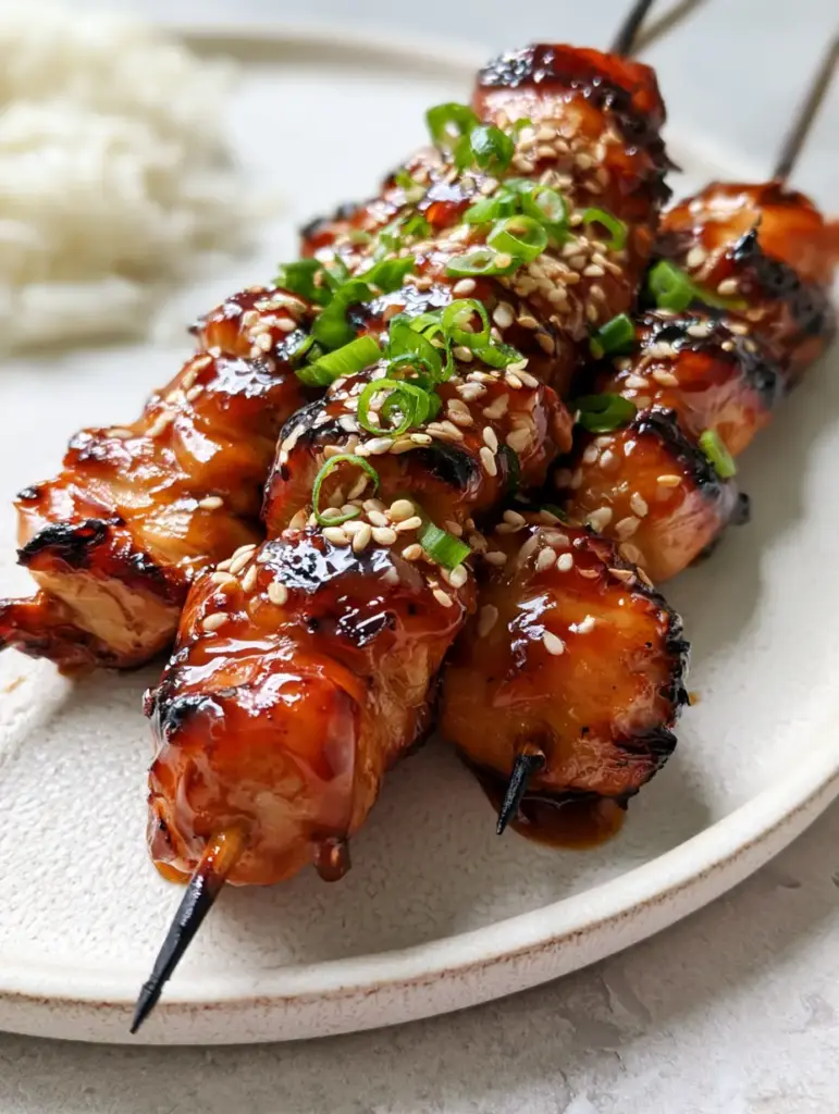 Two Teriyaki Chicken Skewers angled on a matte stoneware plate with visible char marks and fresh scallions.