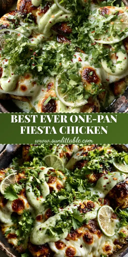 Fiesta Lime Chicken with Bubbly Monterey Jack and Zesty Cilantro Cream 4 A top-down view of Fiesta Lime Chicken in a black cast iron skillet featuring golden-brown seared chicken, melted bubbly Monterey Jack cheese, and lime wheels. (Fiesta Lime Chicken)