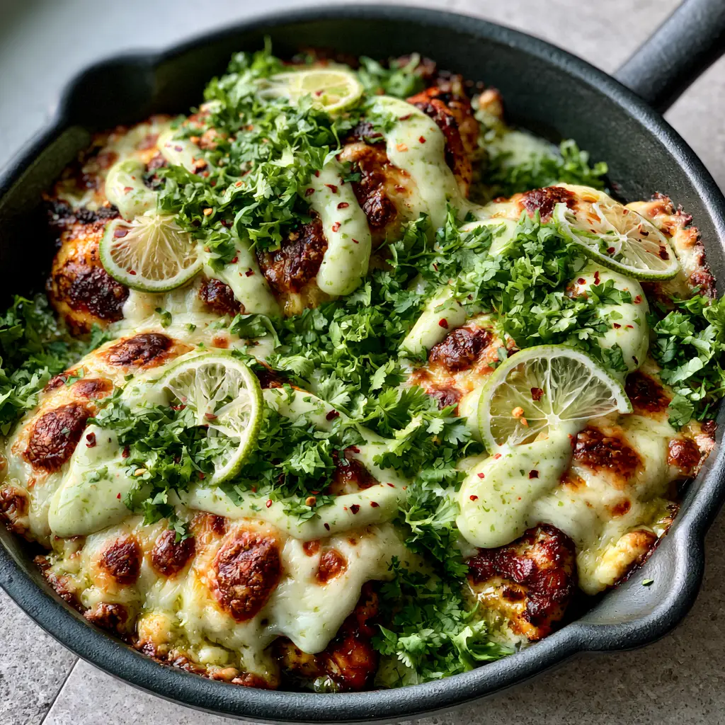 Fiesta Lime Chicken with Bubbly Monterey Jack and Zesty Cilantro Cream 2 Close-up of seared Fiesta Lime Chicken with deep golden-brown marks and glistening lime glaze in a black skillet. (Fiesta Lime Chicken)