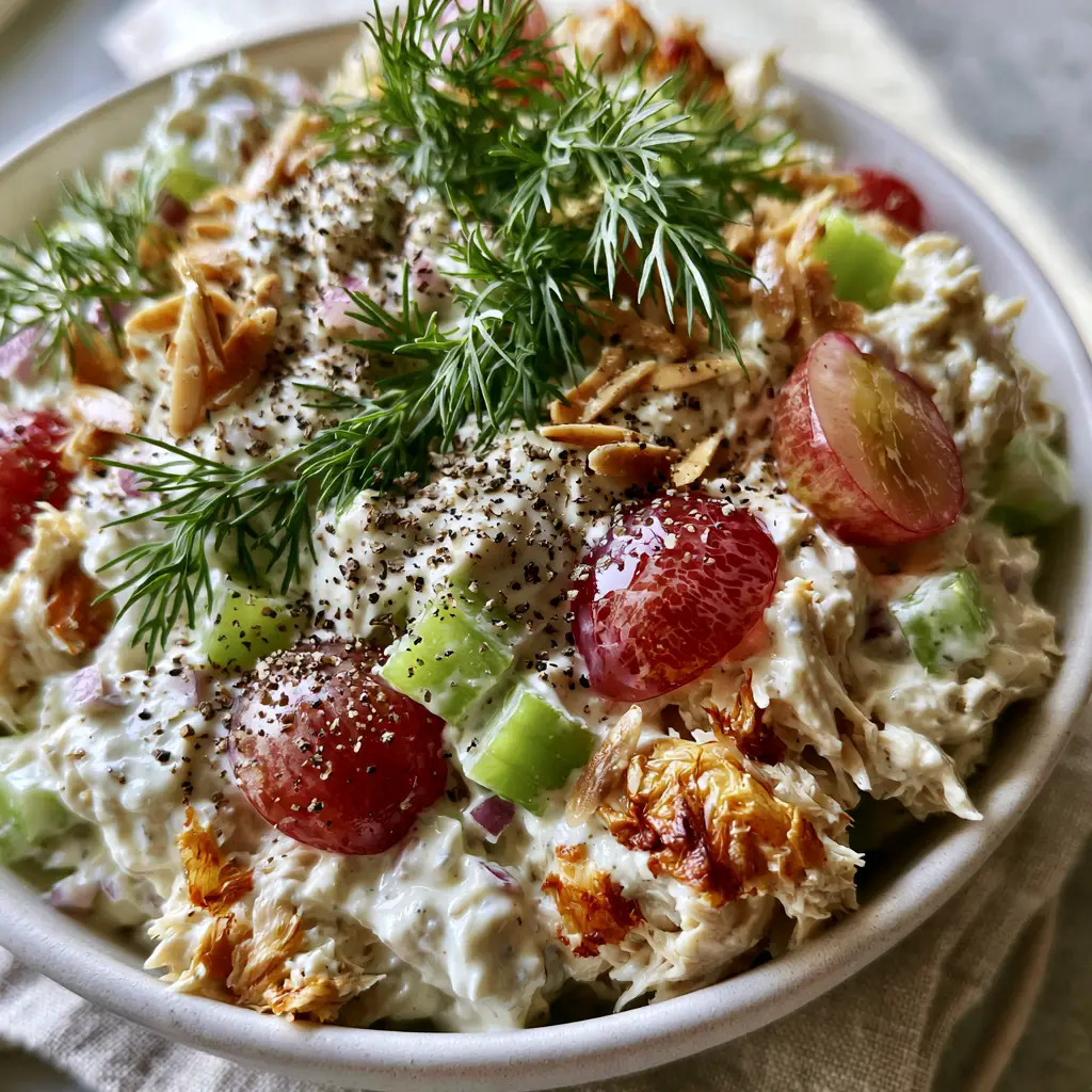 Chicken Salad Recipe with Roasted Skin and Greek Yogurt Dressing 1 Chicken salad garnished with fresh dill sprigs and cracked black pepper.