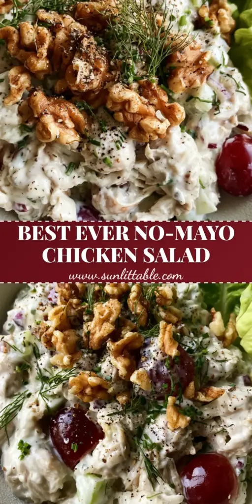 Healthy Chicken Salad: The Ultimate Creamy Greek Yogurt Rotisserie Recipe 4 A top-down view of a Healthy Chicken Salad with glistening Greek yogurt dressing, red grapes, and toasted walnuts in a white bowl.