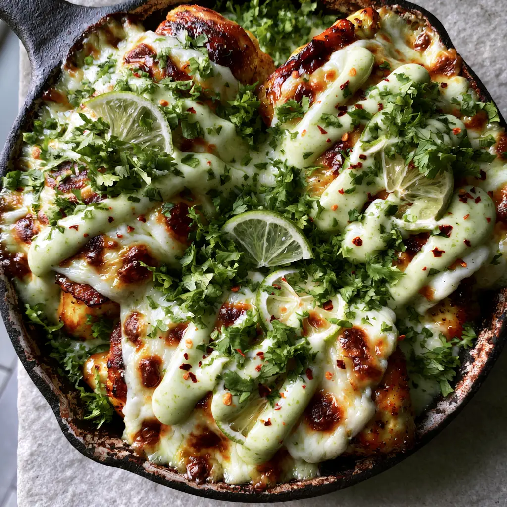 Fiesta Lime Chicken with Bubbly Monterey Jack and Zesty Cilantro Cream 1 Fiesta Lime Chicken topped with bubbly Monterey Jack cheese, toasted brown spots, and a pale-green cilantro lime sauce drizzle.