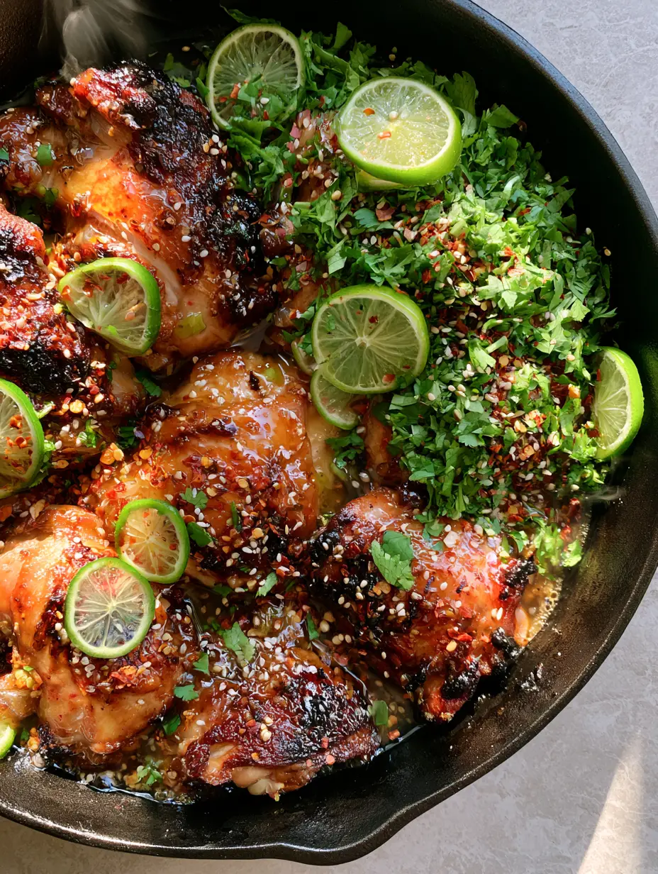 Close-up of seared honey lime chicken recipe thighs in a skillet with cilantro and sesame seeds.