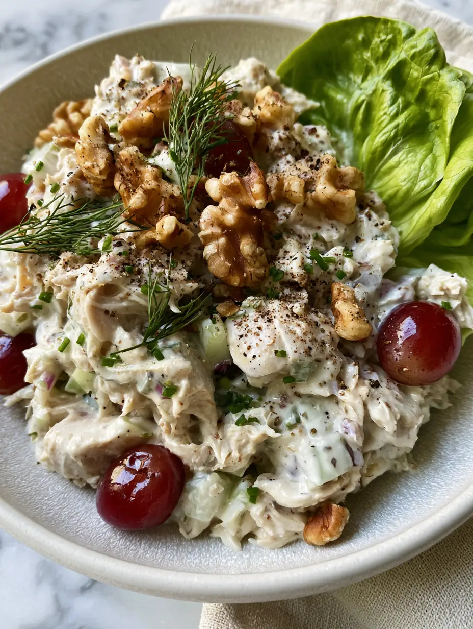 Healthy Chicken Salad: The Ultimate Creamy Greek Yogurt Rotisserie Recipe 3 Close-up of a Healthy Chicken Salad showing chunky shredded chicken, vibrant red grapes, and fresh dill sprigs in a matte ceramic bowl.