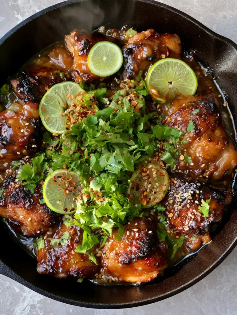 A smartphone photo of honey lime chicken recipe in a cast iron pan on a stone background.