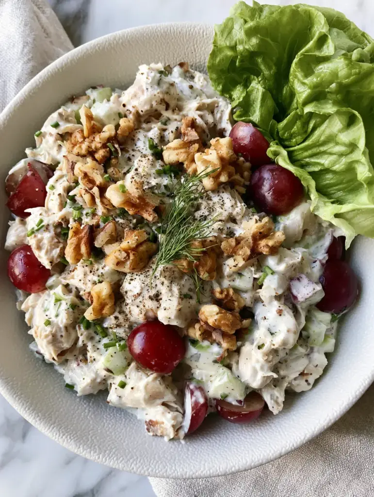 Healthy Chicken Salad: The Ultimate Creamy Greek Yogurt Rotisserie Recipe 1 Healthy Chicken Salad served on a butter lettuce leaf inside a textured matte bowl on a marble surface.