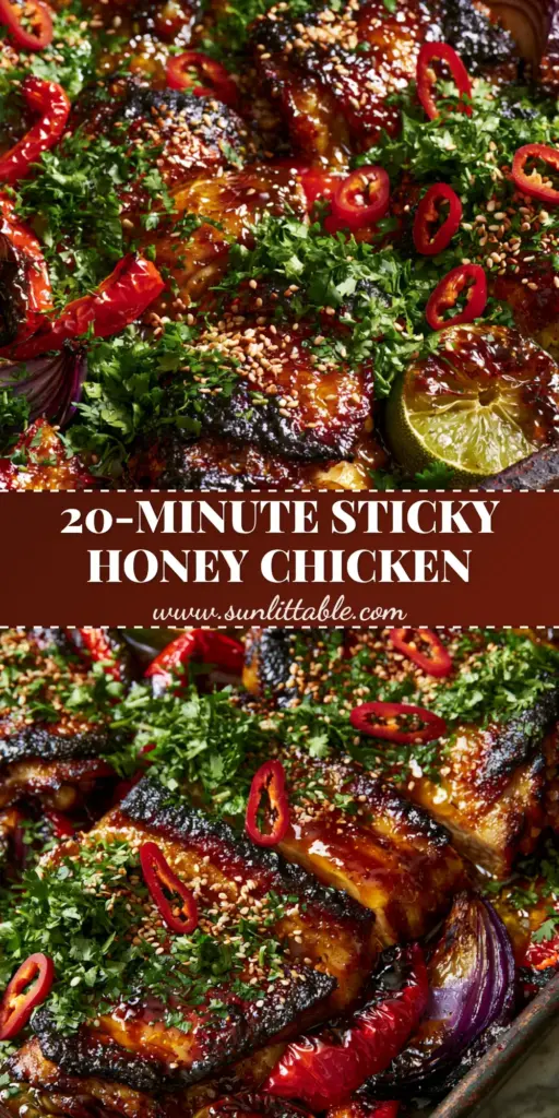 A high-angle smartphone-style photo of Spicy Honey-Lime Chicken on a dark sheet pan with charred red onions, blistered peppers, and fresh cilantro garnish.