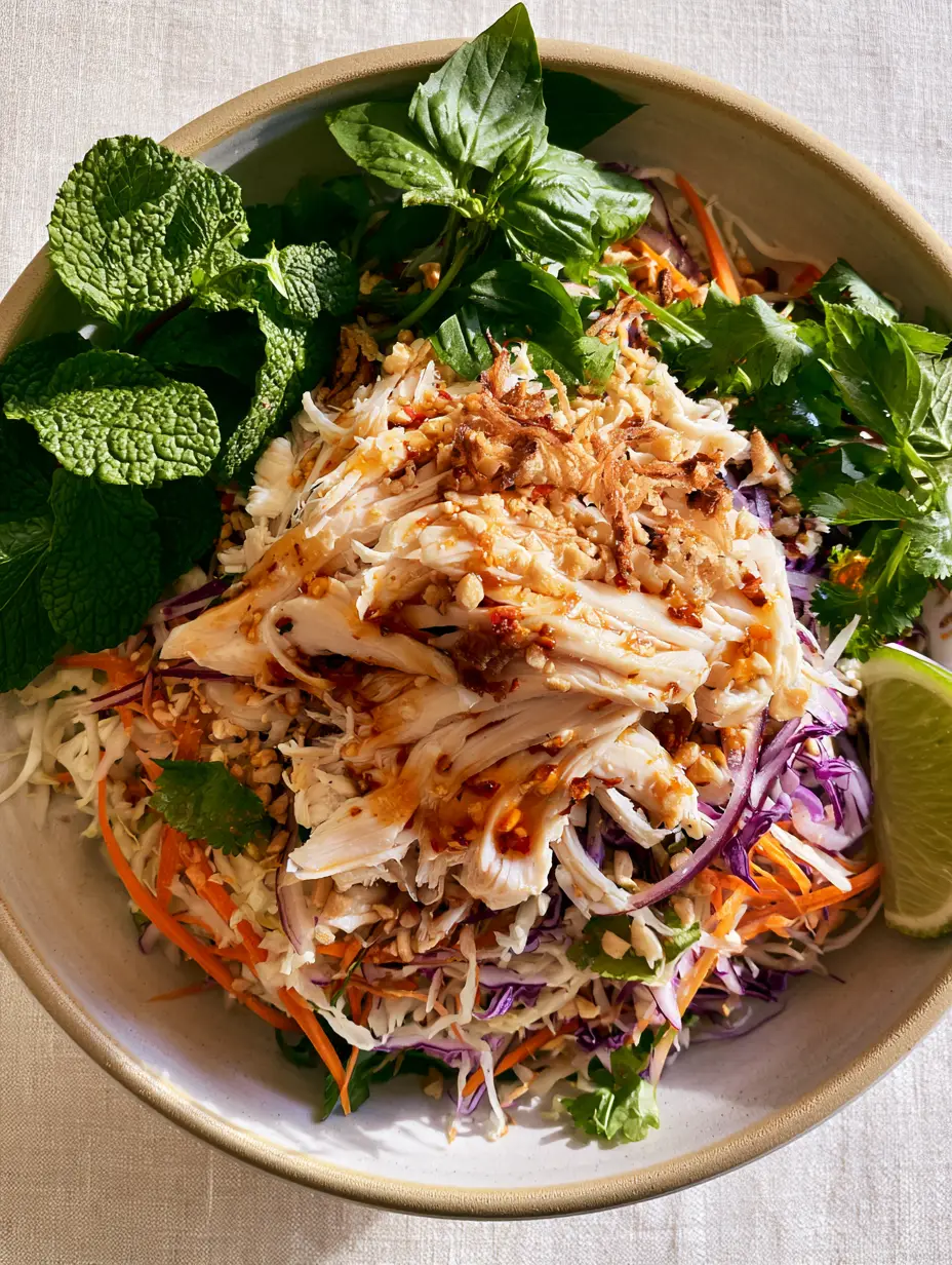 Vietnamese Chicken Salad (Gỏi Gà): The Ultimate Crunchy and Zesty Recipe 3 Macro shot of hand-shredded poached chicken and amber Nuoc Cham dressing in a Vietnamese Chicken Salad. (Vietnamese Chicken Salad)