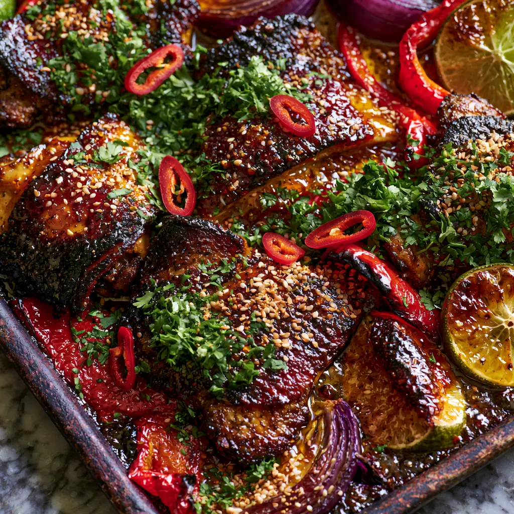 Shimmering amber Spicy Honey-Lime Chicken surrounded by blistered bell peppers and roasted lime halves on a dark tray.