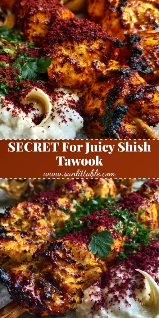 Lebanese shish tawook with Authentic Toum and Sumac 4 A close-up of three thick wooden skewers loaded with golden-orange marinated chicken breast, charred grill marks, and a side of thick white Toum sauce on a stone platter. (Lebanese shish tawook)