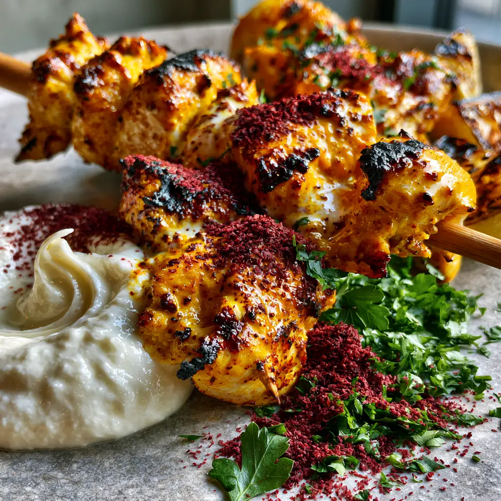 Lebanese shish tawook with Authentic Toum and Sumac 2 Eye-level shot of three thick wooden skewers with glistening, moist yogurt-based glazed chicken and charred lemon wedges. (Lebanese shish tawook)