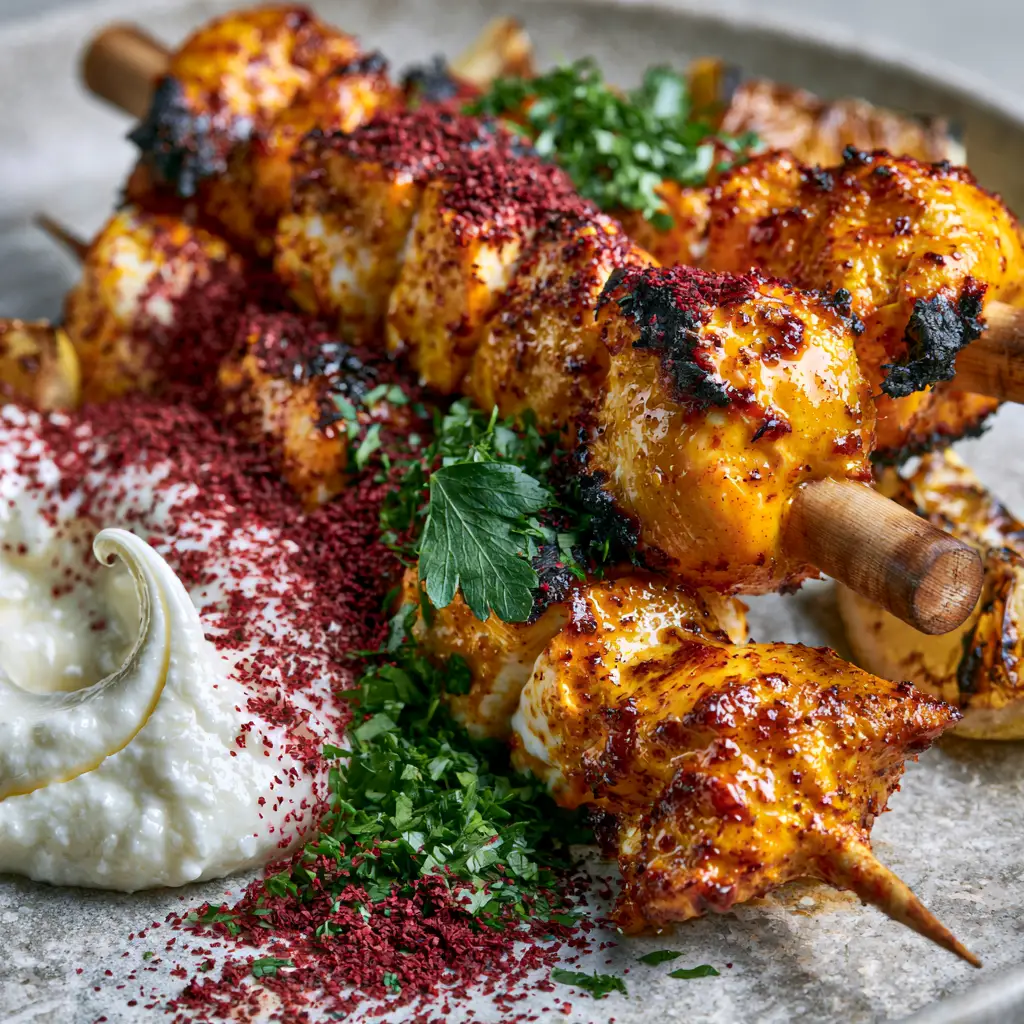 Lebanese shish tawook with Authentic Toum and Sumac 1 Close-up of thick snowy-white authentic Toum garlic sauce with a slight swirl next to grilled chicken and red sumac powder.