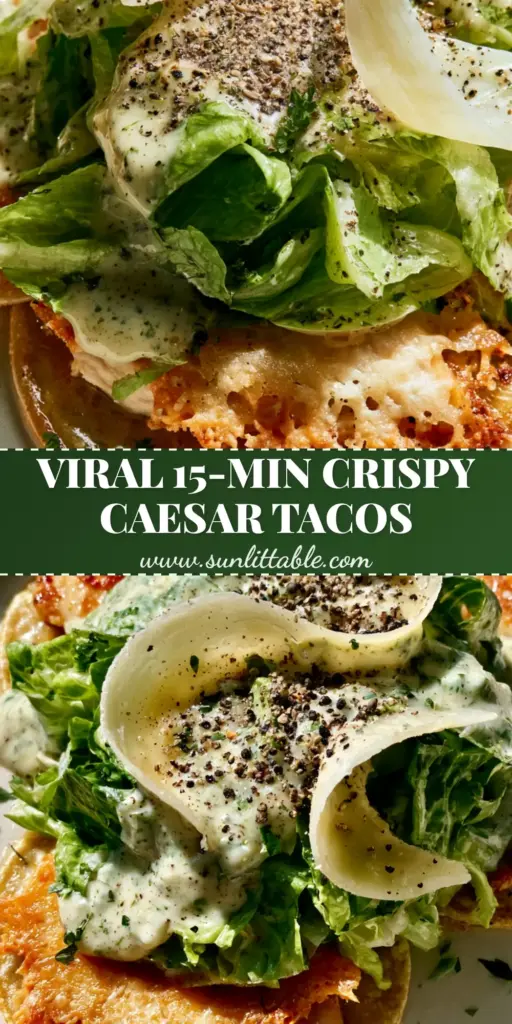 Chicken Caesar Smash Tacos with a Crispy Parmesan Crust 4 A top-down shot of three Chicken Caesar Smash Tacos with a jagged parmesan crust, emerald romaine, and thick dressing on a white plate.