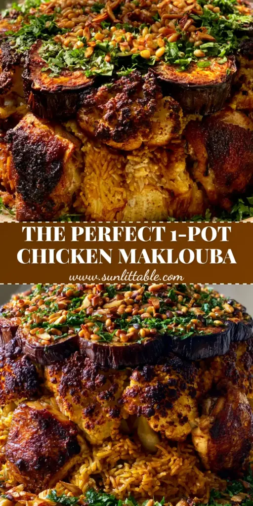 A towering Maklouba recipe featuring a vertical stack of spiced rice, golden eggplant, and seared chicken on a ceramic platter. (Maklouba recipe)