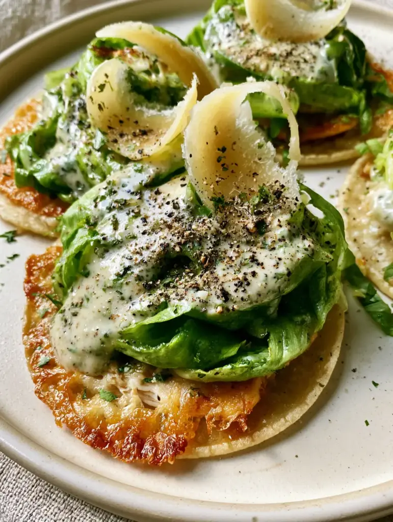 Chicken Caesar Smash Tacos with a Crispy Parmesan Crust 1 Three tacos on a matte ceramic plate, highlighting the contrast between the hot chicken and vibrant green lettuce.