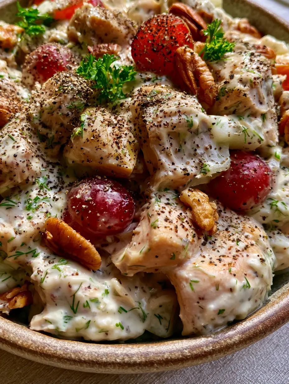 Macro eye-level shot of savory chicken salad showing thick chunks of shredded breast and glossy herb-flecked dressing. (savory chicken salad)