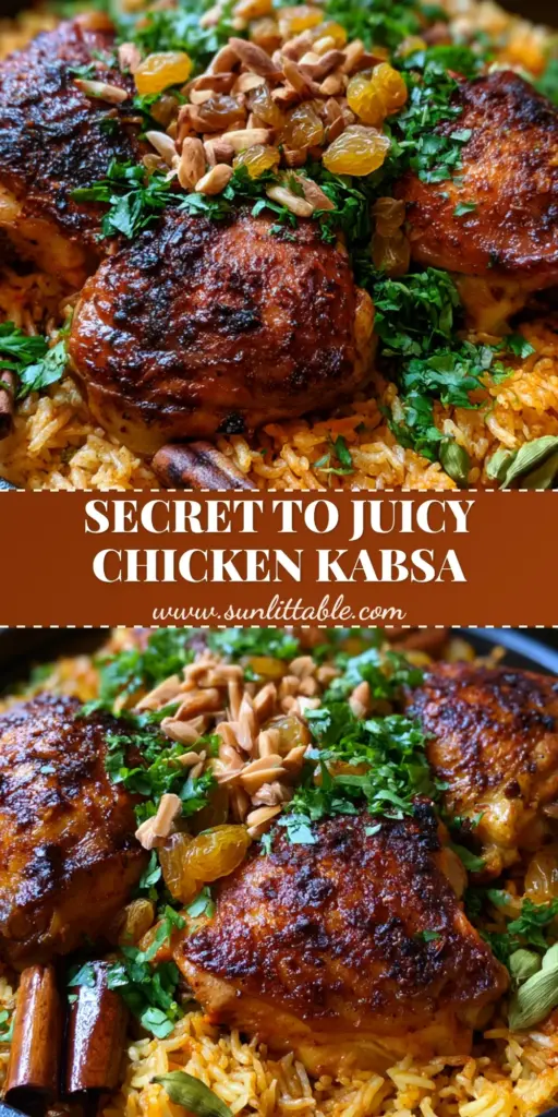 Arabic Chicken Kabsa: The Ultimate Guide to Saudi Arabia’s National Dish 3 A rustic black cast iron pot filled with steaming Arabic Chicken Kabsa, featuring saffron rice, charred chicken thighs, and toasted almonds on a wooden table.