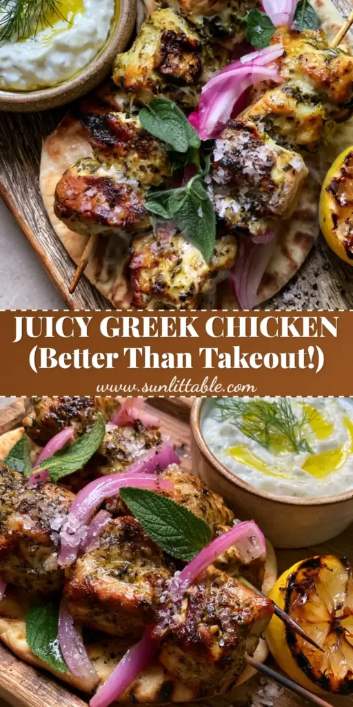 Greek chicken skewers with Charred Lemons and Creamy Tzatziki 3 A rustic wooden board featuring four glistening Greek chicken skewers with golden-brown char marks on warm pita bread with a side of creamy tzatziki.