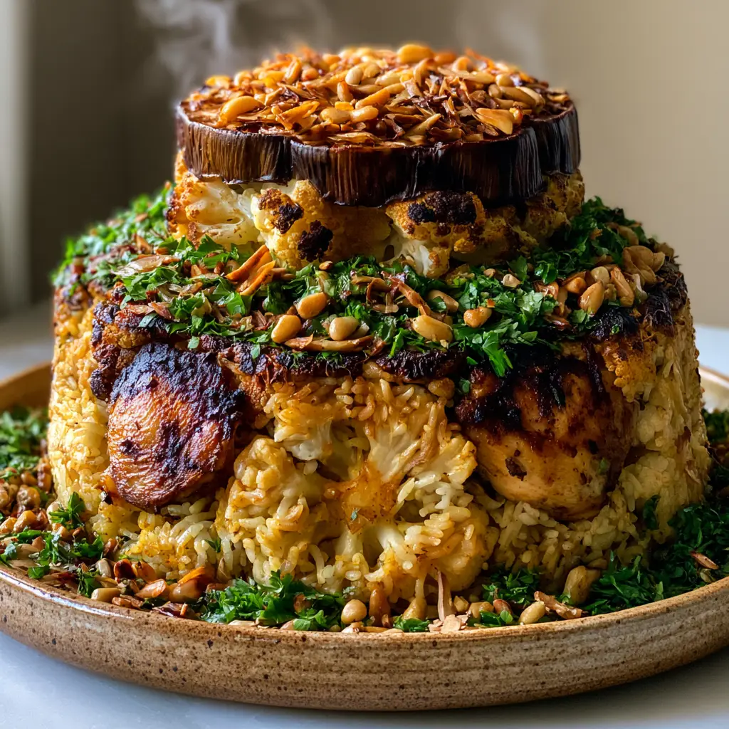 Close up of seared chicken pieces and golden-amber rice in a Maklouba recipe garnished with pine nuts.