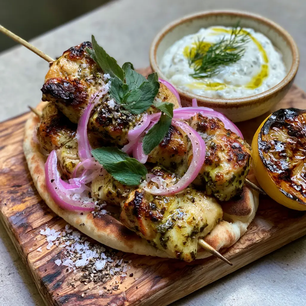Greek chicken skewers with Charred Lemons and Creamy Tzatziki 2 Close-up handheld photo of glistening Greek chicken skewers with herbal olive oil sheen and charred edges.