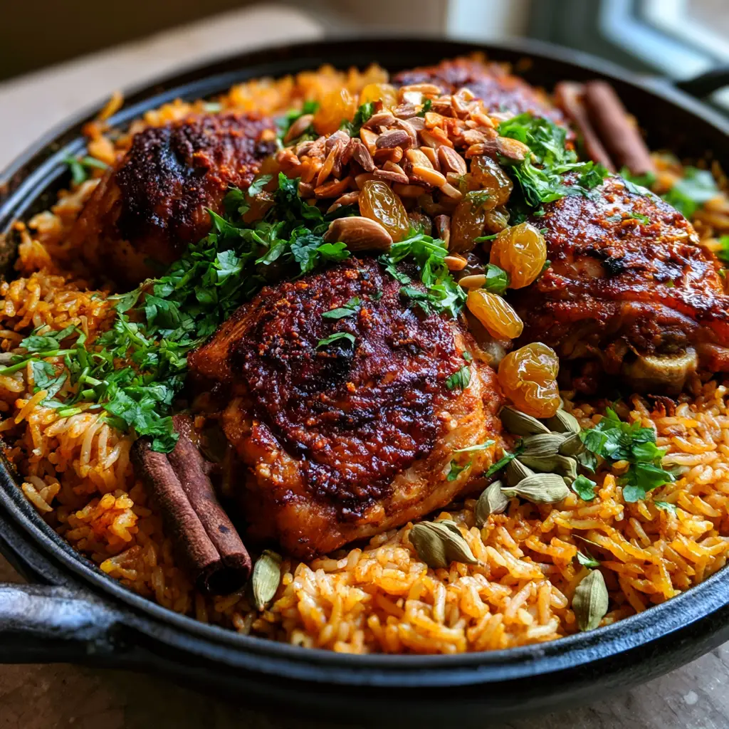 Arabic Chicken Kabsa: The Ultimate Guide to Saudi Arabia’s National Dish 2 High-angle shot of Arabic Chicken Kabsa in a cast iron pot showing distinct long-grain rice and whole cardamom pods.