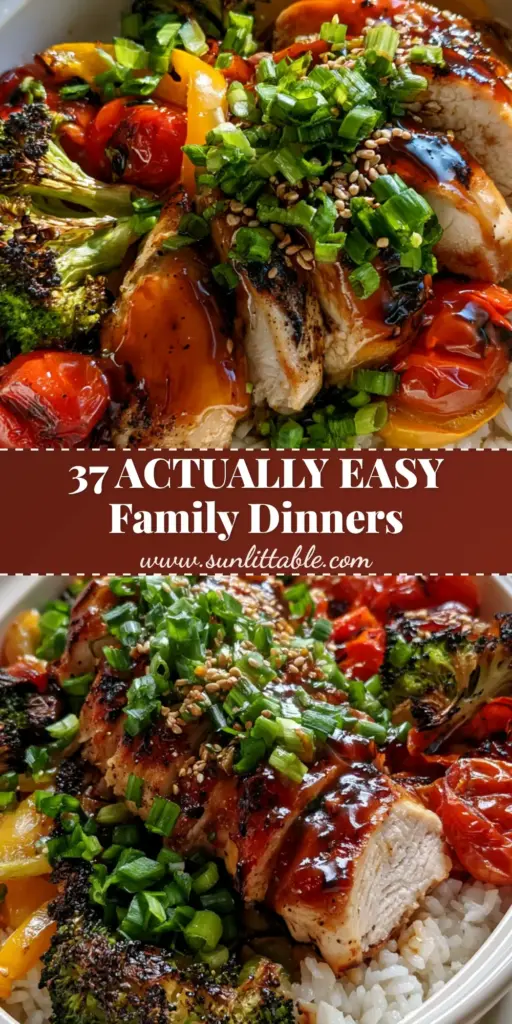 Easy family dinner recipes: The Ultimate Honey Garlic Chicken and Jasmine Rice Bake 4 A vibrant one-pan honey garlic chicken and jasmine rice bake with charred broccoli and blistered tomatoes in a white dish. (easy family dinner recipes)