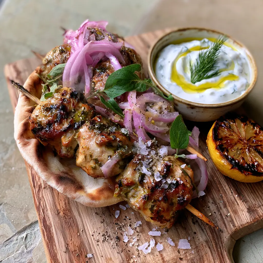 Greek chicken skewers with Charred Lemons and Creamy Tzatziki 1 Greek chicken skewers on pita bread garnished with red onions and fresh oregano leaves next to a bowl of dill tzatziki.