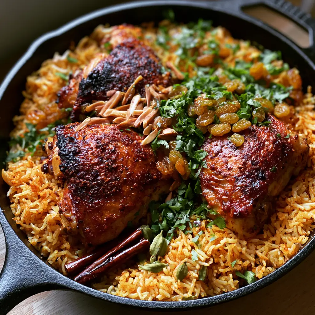 Arabic Chicken Kabsa: The Ultimate Guide to Saudi Arabia’s National Dish 1 Close up of seared chicken thighs with glistening skin and spice rub texture on top of kabsa rice.