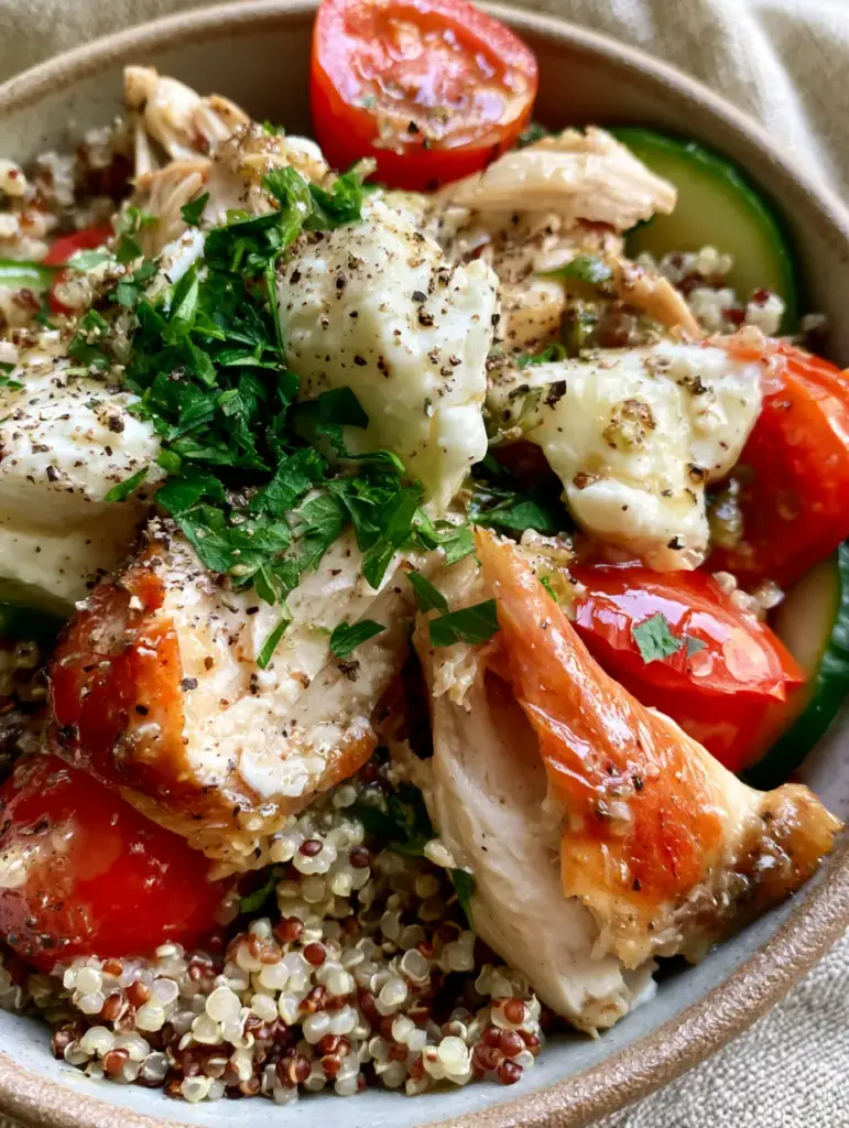 Quinoa Rotisserie Chicken Salad with Lemon-Herb Vinaigrette 1 Detailed shot of massive feta chunks and glossy lemon-herb vinaigrette highlights on a Quinoa Rotisserie Chicken Salad.