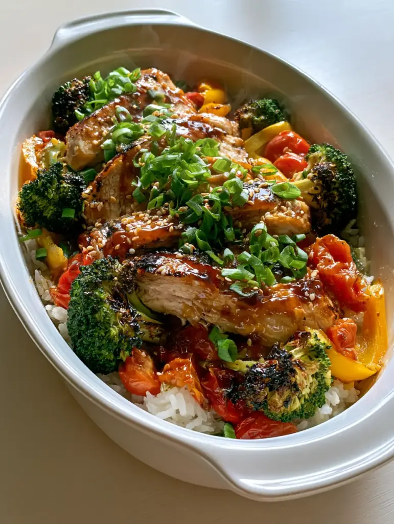 Easy family dinner recipes: The Ultimate Honey Garlic Chicken and Jasmine Rice Bake 1 High-resolution photo of blistered cherry tomatoes and yellow bell peppers alongside seared chicken on jasmine rice.