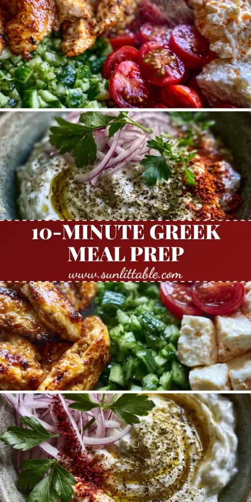 Greek-inspired recipes: The Ultimate Seared Lemon-Herb Chicken and Tzatziki Bowls 4 A vertical collage showing meal prep assembly and a close-up hero bowl of seared chicken, vegetables, and tzatziki. (Greek-inspired recipes)