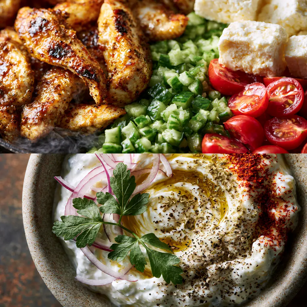 Greek-inspired recipes: The Ultimate Seared Lemon-Herb Chicken and Tzatziki Bowls 2 Top-down view of vibrant meal prep ingredients: charred chicken strips, emerald cucumbers, ruby tomatoes, and blocks of feta. (Greek-inspired recipes)