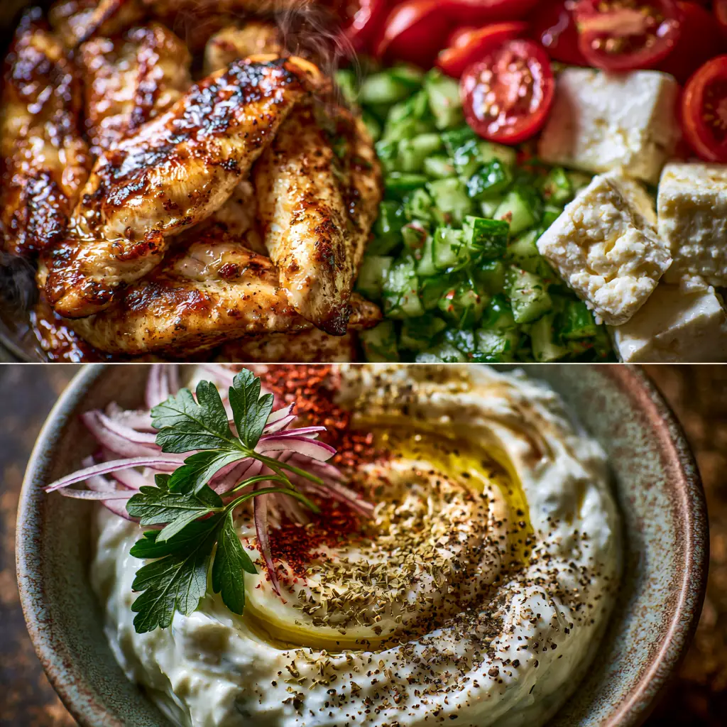 Greek-inspired recipes: The Ultimate Seared Lemon-Herb Chicken and Tzatziki Bowls 1 Macro hero shot of thick tzatziki sauce swirled with olive oil and garnished with sumac, red onion, and parsley. (Greek-inspired recipes)