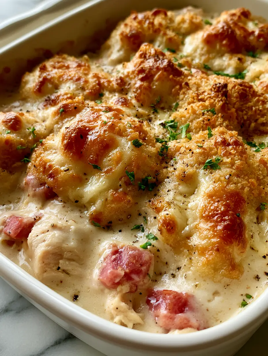 Smartphone photo showing layers of chicken, ham, and thick Swiss cheese sauce in a ceramic dish. (chicken cordon bleu casserole)