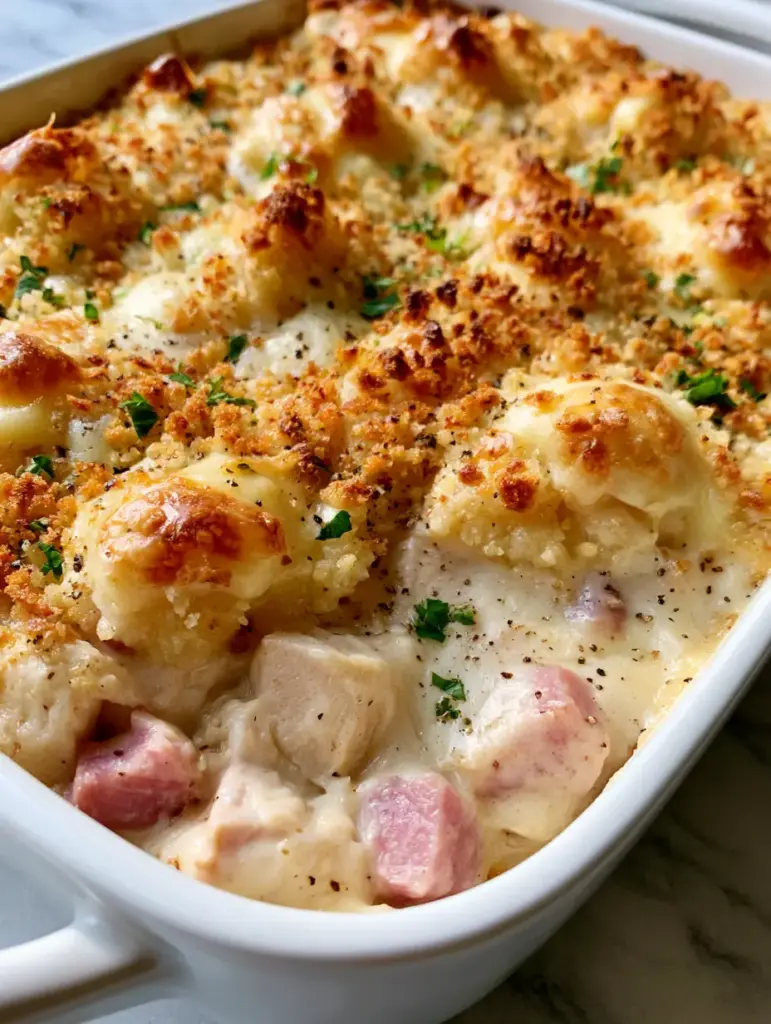 Detailed view of the bubbling melted Swiss cheese peaks and golden-brown toasted Panko breadcrumbs.