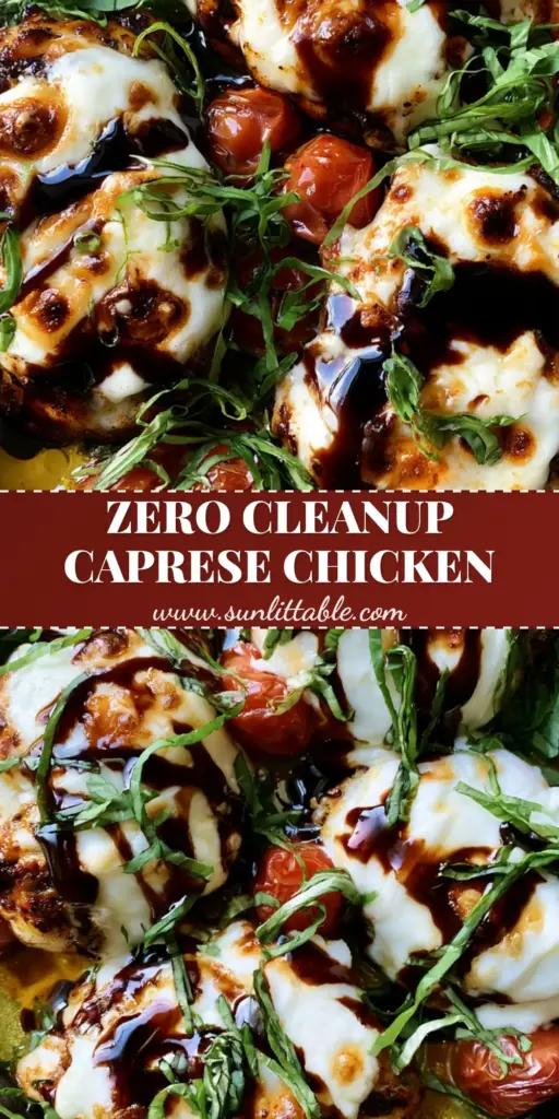 Caprese Chicken with Blistered Tomatoes and Glossy Balsamic Glaze 4 A rustic cast iron skillet filled with four golden-seared Caprese Chicken breasts topped with melted mozzarella, glossy balsamic glaze, and blistered tomatoes.
