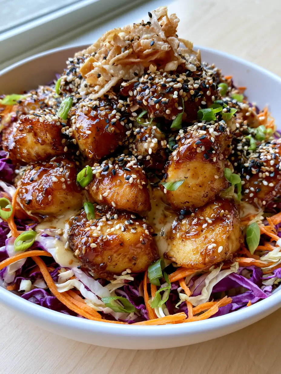 Sesame Chicken Salad with Crunchy Cabbage and Glossy Ginger Glaze 3 Close-up of seared golden-brown chicken bites with glossy amber sesame glaze on a sesame chicken salad.
