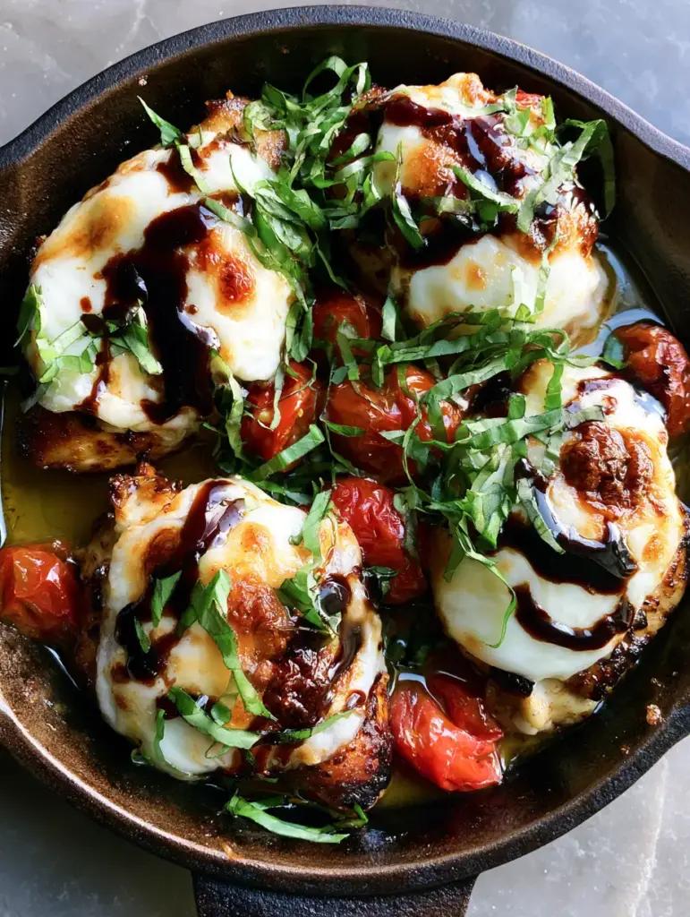 Caprese Chicken with Blistered Tomatoes and Glossy Balsamic Glaze 2 Top-down view of golden-brown Caprese Chicken in a dark skillet with swirling mahogany balsamic glaze and vibrant basil chiffonade.