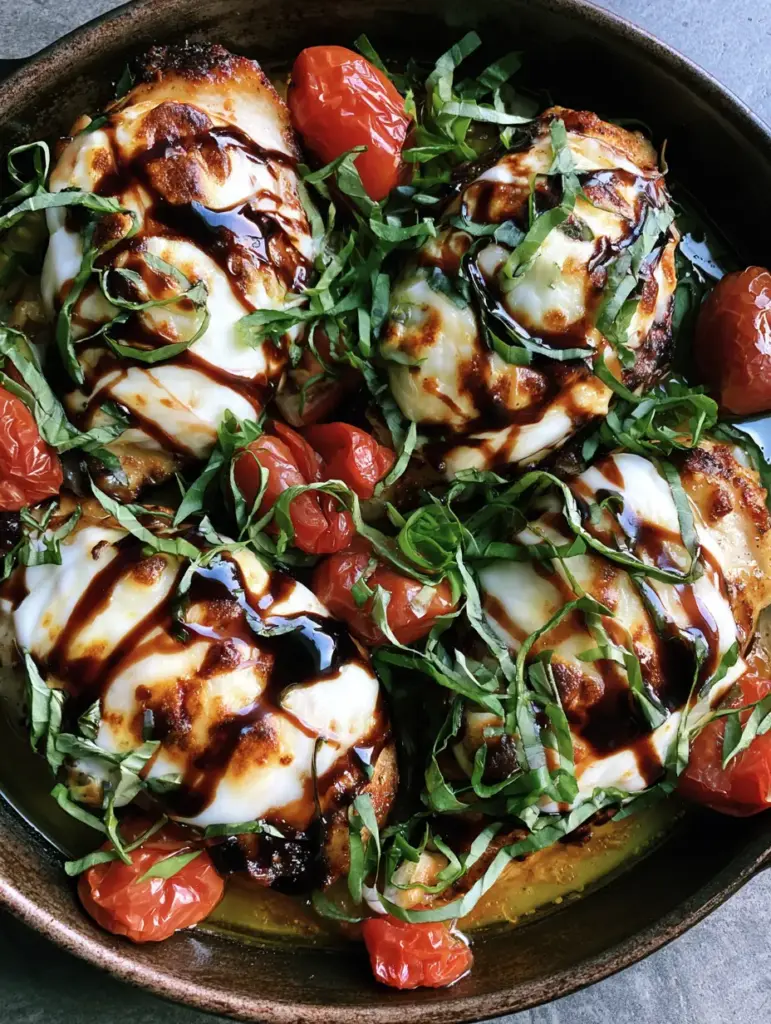 Caprese Chicken with Blistered Tomatoes and Glossy Balsamic Glaze 1 Sizzling Caprese Chicken with blistered cherry tomatoes releasing juices into a shimmering golden pan sauce on a stone countertop.