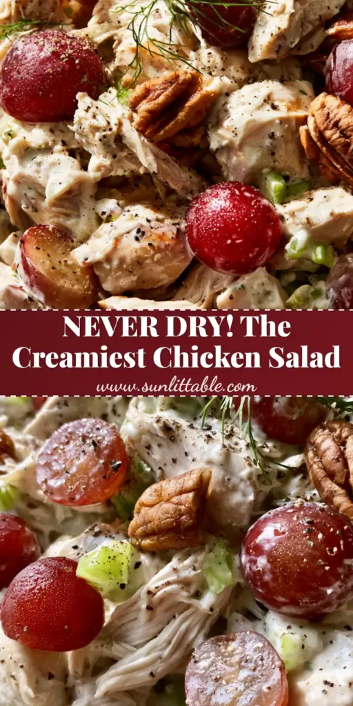 Chicken Salads: The Ultimate Creamy Rotisserie Chicken Salad with Grapes and Pecans 3 A rustic stoneware bowl filled with moist shredded rotisserie chicken salad, vibrant red grapes, toasted pecans, and fresh dill. (Chicken Salads)
