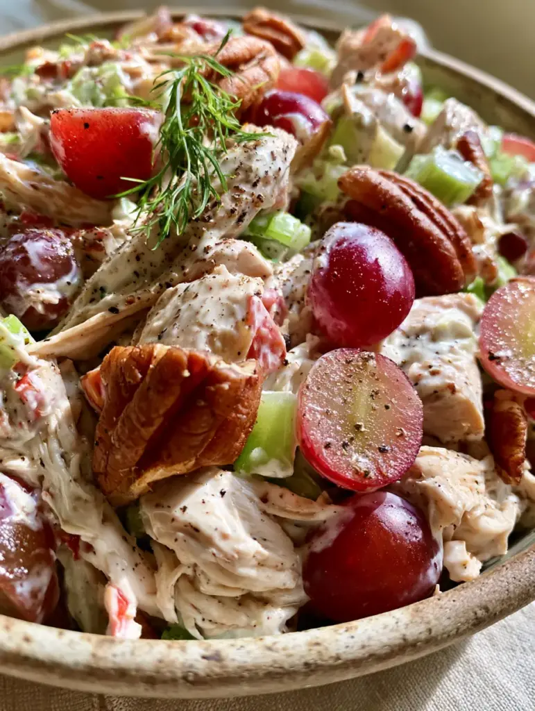 Chicken Salads: The Ultimate Creamy Rotisserie Chicken Salad with Grapes and Pecans 2 Extreme close-up of premium shredded chicken salad with glistening grapes and velvety dressing. (Chicken Salads)